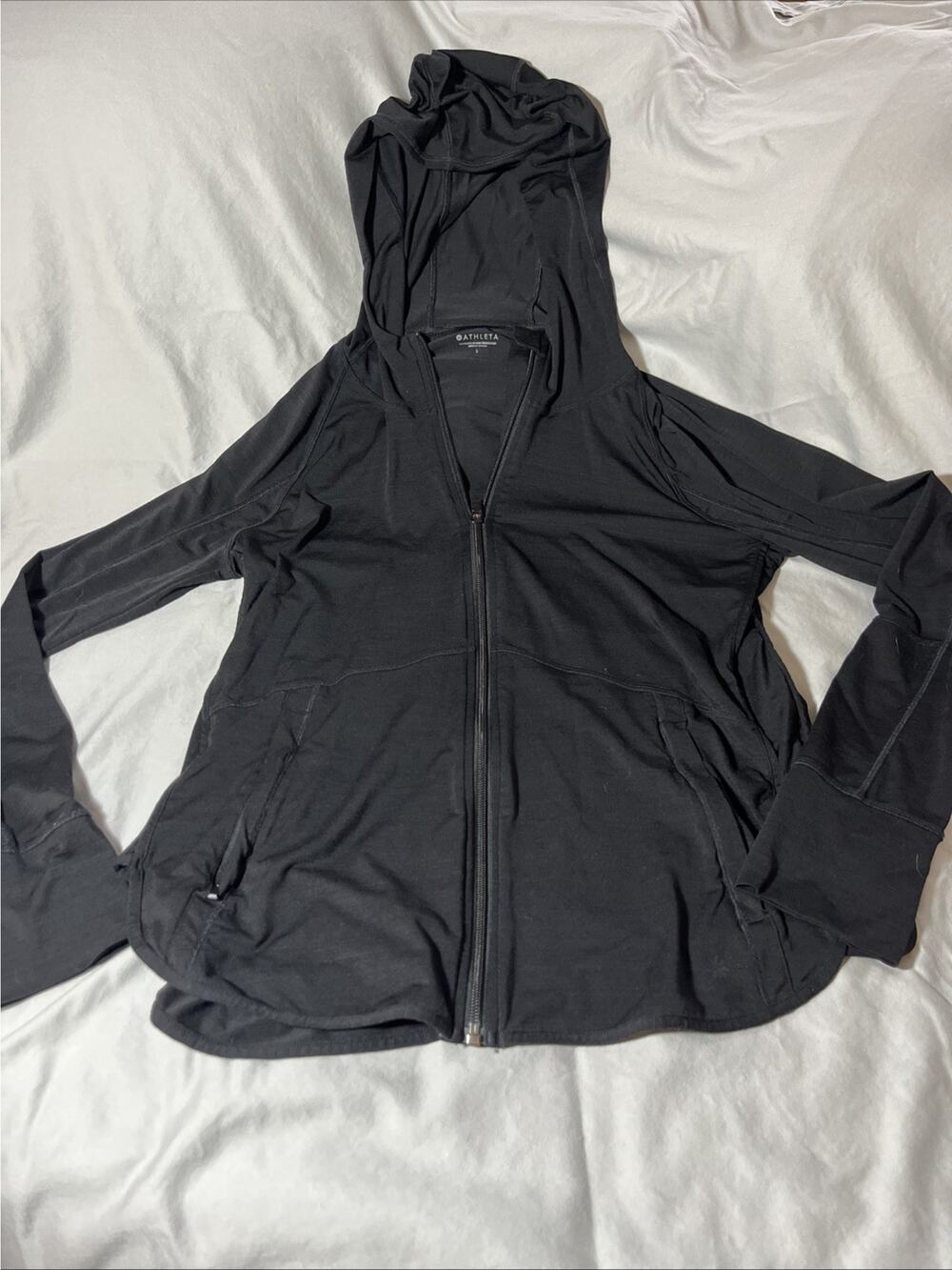 Athlete Black Large Jacket Round Hem Hood Thumb Holes Zip